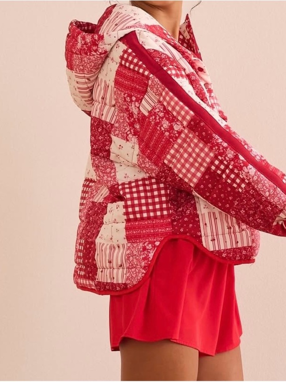 NWOT Altar’d State Revival Red Patchwork Quilted Hooded Jacket Sz Large